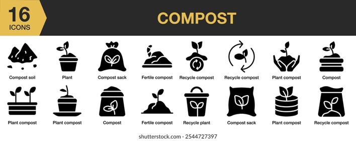 Compost solid icon set. Includes opinion, anonymous, text, online, writing, personal, and More. Solid icons vector collection.