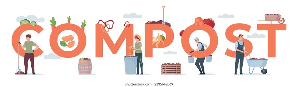 Compost text flat composition with big letters icons of growing plants and waste with human characters vector illustration