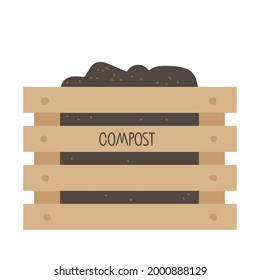 Compost. Wooden box of boards with the inscription Compost for food waste. Environmentally responsible behavior. Recycling concept. Organic processing system in form of heap of rotting food waste