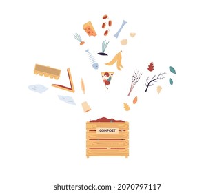 Compost wooden box with food organic waste, flat vector illustration isolated on white background. Waste recycling concept and production of natural fertilizers.