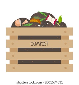 Compost Wooden box with fruits, vegetable scraps, greens, shells in ground. No Food waste. Environmentally responsible behavior. Garbage sorting. Recycling, ecology and agriculture illustration.