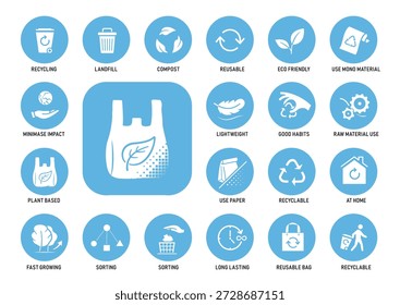 Compostable biodegradable material icons set for sustainable goods, products, packaging and ecological projects. Vector elements are made with high contrast, well suited to different scales. Ready for use in your design. EPS10.