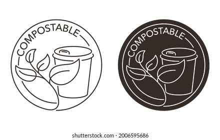 Cata de café compostable - pegatina de circo en línea delgada para platos de papel usados. Insignia vectorial plana