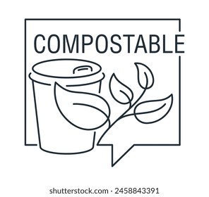 Taza de café compostable - pegatina cuadrada en línea delgada para platos de papel usados. Insignia de Vector plano