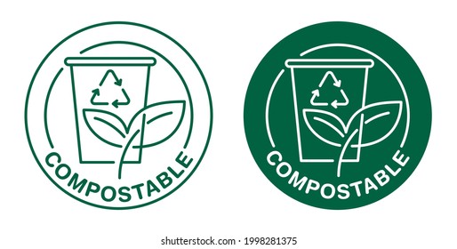 Compostable coffee cup sticker for used paper dishes. Flat Vector badge