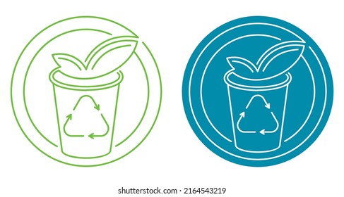 Compostable drinking cup sticker for used dishes. Flat Vector badge