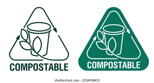 Compostable drinking cup triangular sticker for used dishes. Flat Vector badge