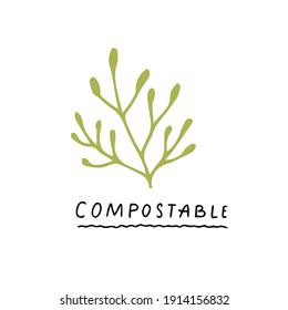 Compostable hand drawn sign with two leaves. Sketch drawing organic label. Vector icon