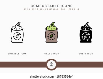 Compostable icons set vector illustration with solid icon line style. Bio decompose concept. Editable stroke icon on isolated background for web design, infographic and UI mobile app.