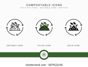 Compostable icons set vector illustration with solid icon line style. Bio decompose concept. Editable stroke icon on isolated background for web design, infographic and UI mobile app.