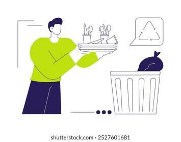 Compostable materials abstract concept vector illustration. Man throws away biodegradable food plates, ecology environment, sustainable manufacturing, eco-friendly packaging abstract metaphor.