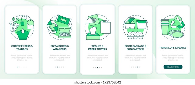 Compostable packaging onboarding mobile app page screen with concepts. Coffee filters, towels, pizza boxes walkthrough 5 steps graphic instructions. UI vector template with RGB color illustrations