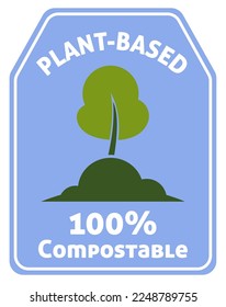 Compostable and plant based product, isolated label, emblem or tag for package. Ecologically friendly and environmentally safe, saving planet with eco packaging. Vector in flat style illustration