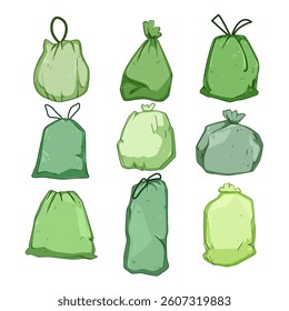 compostable trash bag set cartoon. ecofriendly sustainable, green environment, organic recycling compostable trash bag sign. isolated symbol vector illustration
