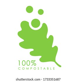 Compostable vector logo with green leaf on white background