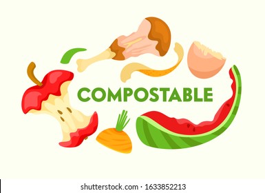 Compostable Vegetable, Fruit and Meat Kitchen Scraps on White Background. Organic Waste for Domestic Composting Parings and Peelings for Poster Banner Flyer Brochure. Cartoon Flat Vector Illustration
