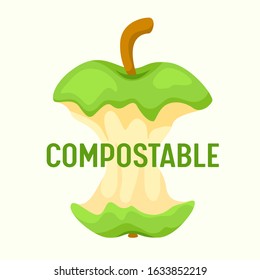 Compostable Waste Concept. Organic Trash, Food Compost Logo with Apple Stump Isolated on White Background. Ecological Fertilizer Ad Poster Banner Flyer Brochure. Cartoon Flat Vector Illustration