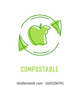 Compostable Waste Concept. Organic Trash, Food Compost Icon With Apple Stump And Recycling Rotating Arrows Sign Isolated On White Background. Ecological Fertilizer Linear Emblem Vector Illustration