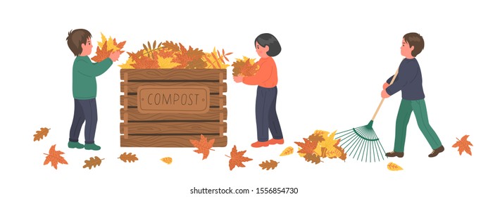 Composting. Autumn clean up. Children making compost from fallen autumn leaves on white background. Recycling concept. 