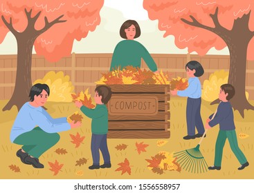 Composting. Autumn Clean Up. Large Happy Family Making Compost From Fallen Autumn Leaves Outdoors In The Garden. Recycling Concept. 