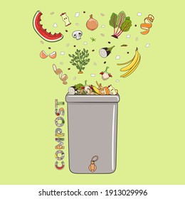 Composting bin with falling kitchen scraps, fruits and vegetables. No food wasted. Recycling organic waste, compost. Sustainable living, zero waste concept. Hand drawn vector illustration. 