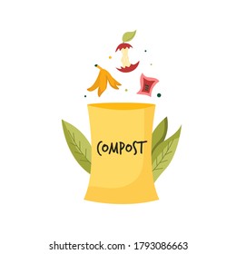 Composting bin with food leftovers, waste. Zero waste concept. Bright vector illustration