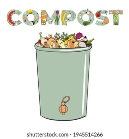 Cajón de compostaje con chatarra de cocina, frutas y verduras. No se desperdició comida. Reciclando desechos orgánicos, compost. El concepto de la vida sostenible y el cero basura ecológica. Ilustración vectorial dibujada a mano.