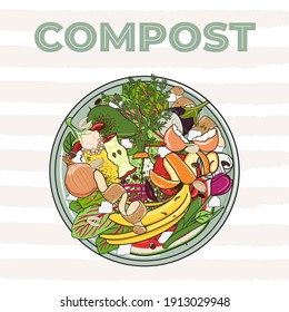 Composting bin with kitchen scraps, top view. No food wasted. Recycling organic waste, compost. Sustainable living, eco-friendly zero waste concept. Hand drawn vector illustration. 