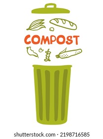 Composting bin with kitchen scraps vector illustration. Flat style recycling organic waste, compost. Zero waste hand drawn concept.