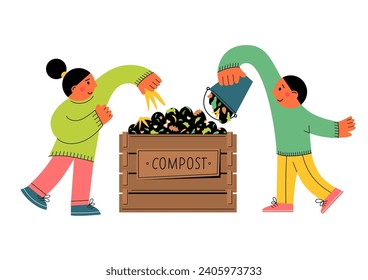 Compostaje. Niños haciendo compost. Concepto de reciclaje. 