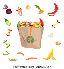 Composting concept - kitchen leftovers in paper bag. Vector illustration isolated on white background. 