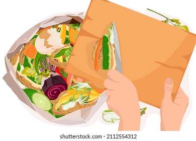 Kompostierkonzept - Küchenrückstände in Papiertüten. Vektorgrafik einzeln auf weißem Hintergrund. 