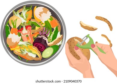 Composting concept - kitchen leftovers. Peeling potato using a peeler for cooking fresh vegetable dishes in kitchen at home. Peeling vegetables.Vector illustration isolated on white background. 