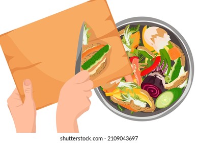 Composting concept - kitchen leftovers. Peeling vegetables.Vector illustration isolated on white background. 