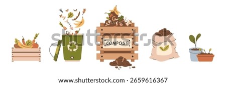 Composting cycle illustration from fruits and vegetables to indoor compost bin, outdoor wooden composter, finished soil bag, and potted plants. Eco friendly waste to soil process. Vector illustration.