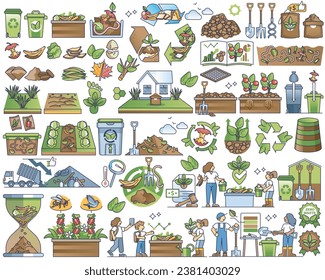 Composting and eco waste management for food leftovers in outline collection. Items with organic gardening and agriculture using biodegradable trash for reusable soil nutrients vector illustration