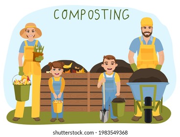 Composting. Family Making Compost Outdoors In The Garden. Recycling Concept. Vector Illustration.