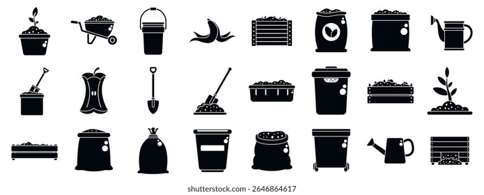  Composting icons set. Black silhouette icons represent composting, featuring organic waste, bins, compost piles, and gardening tools, emphasizing sustainable waste management