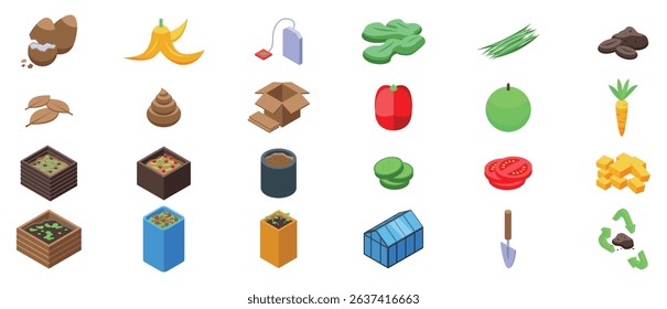 Composting icons set. Isometric icons represent composting process with organic waste, gardening tools, and plants growing, promoting sustainable gardening practices