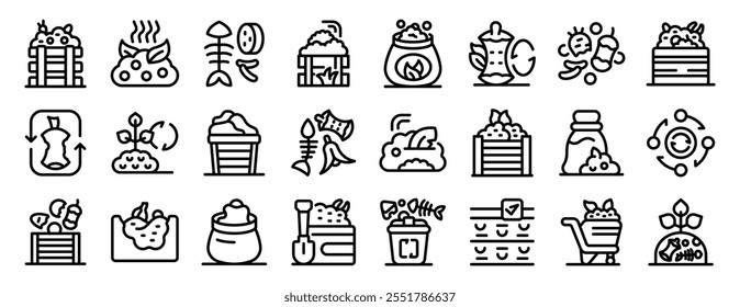 Composting icons set. Line icons depicting various aspects of composting, from organic waste collection to fertilizer production 