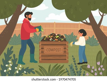 Composting. Man and girl making compost outdoors in the backyard garden. Father teaches child recycle organic biodegradable waste. 