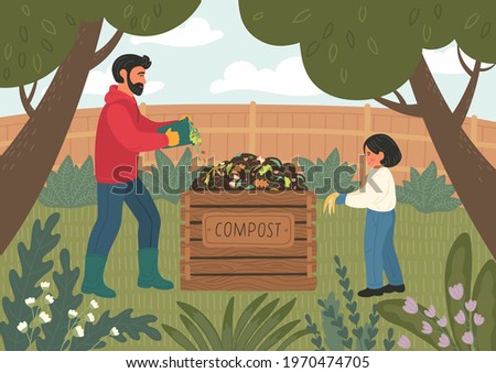 Composting. Man and girl making compost outdoors in the backyard garden. Father teaches child recycle organic biodegradable waste. 