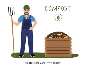 Composting. Man making compost. Zero waste concept. Vector illustration.