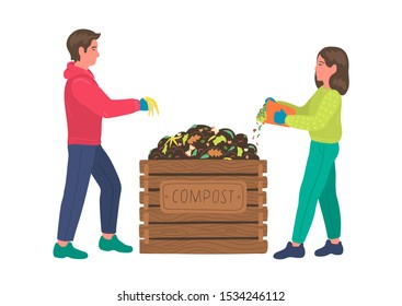 Composting. Man And Woman Making Compost. Zero Waste Concept. 