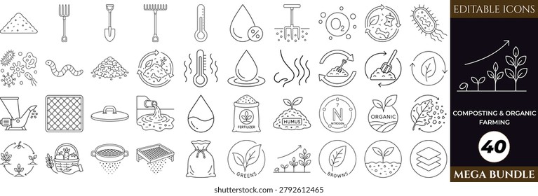 Composting organic farming thin line icon collection with sustainable agriculture tools