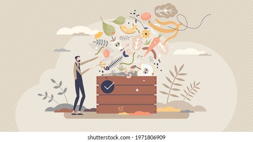 Composting Organic Food Leftovers To Fertilize New Soil Tiny Person Concept. Sustainable, Environmental Friendly Grocery Recycling In Biodegradable Container Vector Illustration. Ecological Disposal.