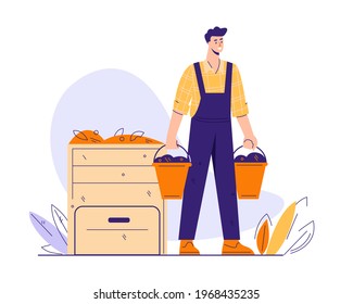 Composting organic waste concept. A man carries in buckets ready-made compost for organic farming. Vector illustration in flat cartoon. Isolated on white.
