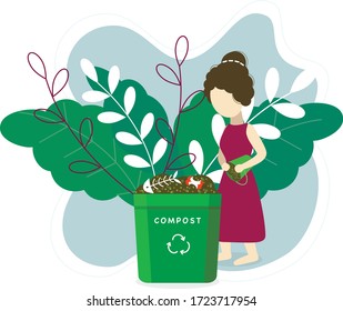 Compostaje y desechos orgánicos. Gente haciendo compost. Concepto de reciclado de ilustración plana vectorial y separación de residuos.