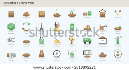 Composting and organic waste soft 3D icon set featuring compost bin, food scraps, worm farm, mulch, soil health and backyard compost on a light background.