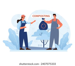 Composting Process Explained concept. Duo discuss compost cycle, showcasing organic waste transformation. Soil enrichment, natural recycling method. Flat vector illustration.